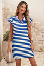 Load image into Gallery viewer, Stripe Print Contrast Collar Split Neck Short Dress