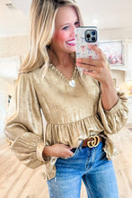 Load image into Gallery viewer, Gold Metallic Frilled V Neck Puff Sleeve Babydoll Blouse