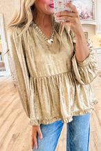 Load image into Gallery viewer, Gold Metallic Frilled V Neck Puff Sleeve Babydoll Blouse