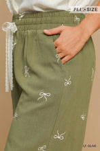 Load image into Gallery viewer, Umgee Embroidered Bow Linen Pull-On Pants-Lt. Olive