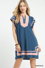Load image into Gallery viewer, Umgee Linen Blend Contrast Trim Short Sleeve Dress--Denim Blue