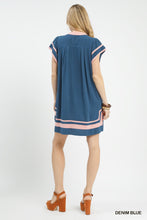 Load image into Gallery viewer, Umgee Linen Blend Contrast Trim Short Sleeve Dress--Denim Blue
