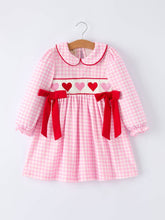 Load image into Gallery viewer, Girls' Valentine's Day Heart Smocking Embroidered Plaid Dress