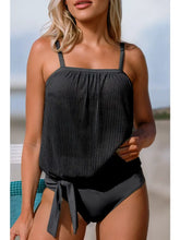 Load image into Gallery viewer, Black Striped Mesh Knotted Hem Tankini Swimsuit