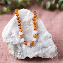 Load image into Gallery viewer, Kids | Rose Quartz + Raw Cognac Amber Necklace - 14-15 inch