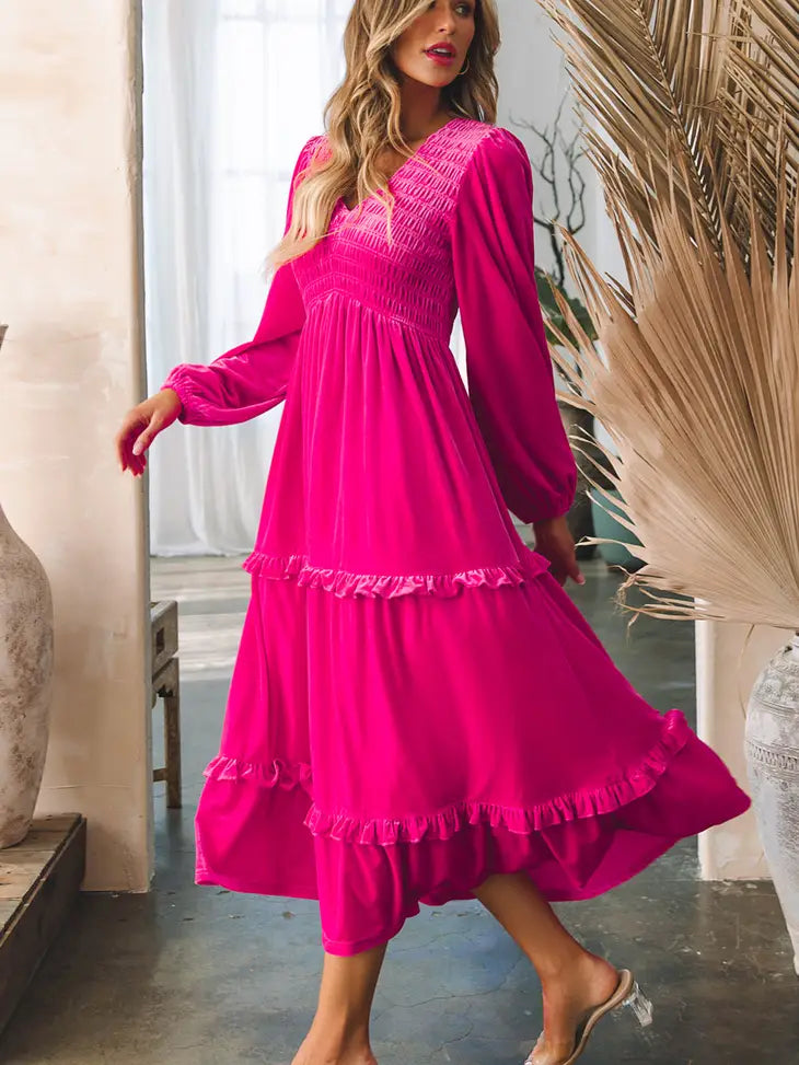 hot pink velvet dress Pink Shirred V Neck Long Sleeve Velvet Dress – Lilly Abigails Boutique
