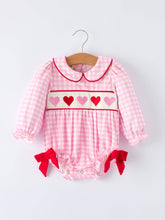 Load image into Gallery viewer, Girls' Valentine's Day Heart-embroidered Plaid Baby Romper