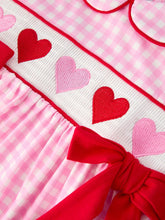 Load image into Gallery viewer, Girls' Valentine's Day Heart Smocking Embroidered Plaid Dress