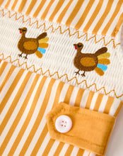 Load image into Gallery viewer, Fall Thanksgiving Smock Embroidered Orange Stripes Boys Romper