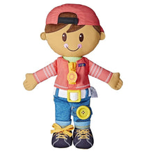 Load image into Gallery viewer, Playskool Dressy Kids Doll with Brown Hair and Hat, Activity Plush Toy with Zipper, Shoelace, Button, for Ages 2 and Up