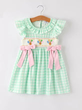 Load image into Gallery viewer, Fall Thanksgiving Green Smock Embroidered Plaid Girls Dress