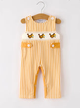 Load image into Gallery viewer, Fall Thanksgiving Smock Embroidered Orange Stripes Boys Romper