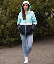 Load image into Gallery viewer, Charles River Women’s Color Blocked New Englander® Rain Jacket--Aqua/Navy/White