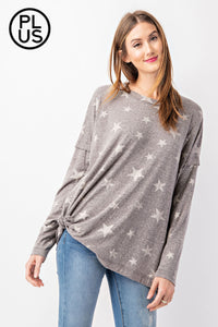 PLUS SIZE, PRINTED TRI BLEND STAR PRINT LONG SLEEVE TOP BY RAE MODE