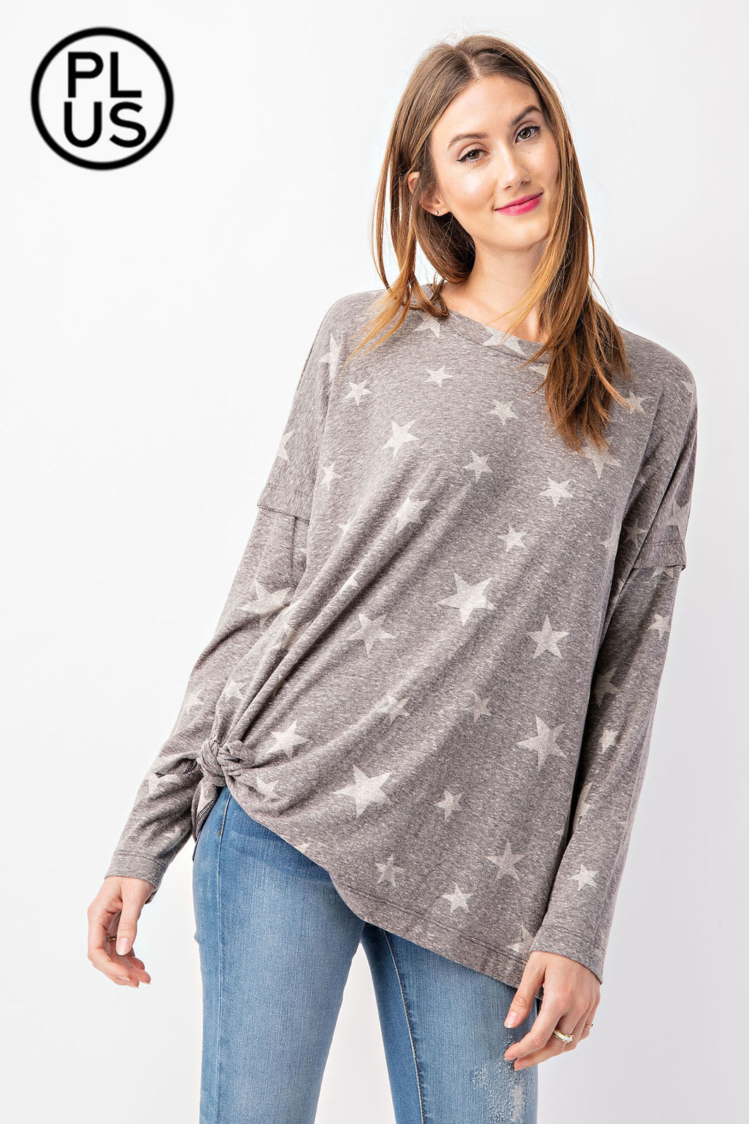 PLUS SIZE, PRINTED TRI BLEND STAR PRINT LONG SLEEVE TOP BY RAE MODE