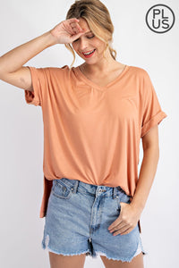 PLUS SIZE V NECK SHORT SLEEVE TOP BY RAE MODE