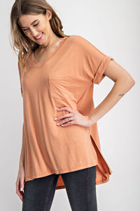 V NECK BASIC HIGH-LOW HEM TOP--APRICOT--BY RAE MODE