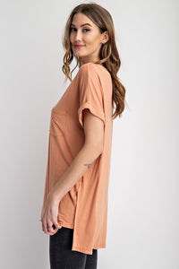 V NECK BASIC HIGH-LOW HEM TOP--APRICOT--BY RAE MODE