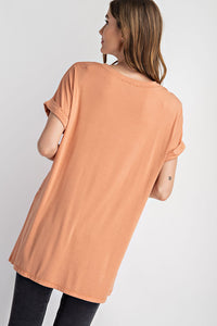 V NECK BASIC HIGH-LOW HEM TOP--APRICOT--BY RAE MODE