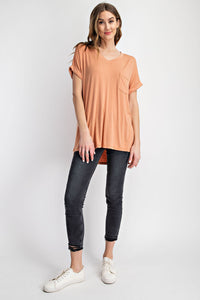 V NECK BASIC HIGH-LOW HEM TOP--APRICOT--BY RAE MODE