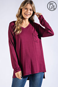 PLUS SIZE BASIC LONG SLEEVE TOP WITH POCKET BY RAE MODE