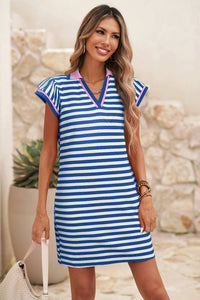 Stripe Print Contrast Collar Split Neck Short Dress