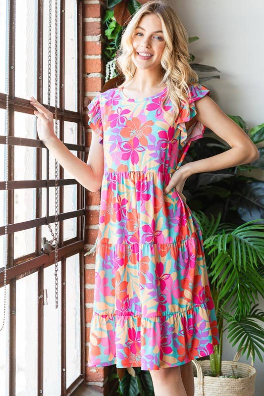 BUTTERFLY SHORT SLEEVE ROUND NECK FLORAL PRINT DRESS