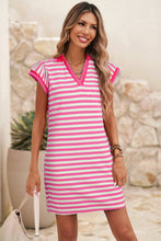 Load image into Gallery viewer, Stripe Print Contrast Collar Split Neck Short Dress

