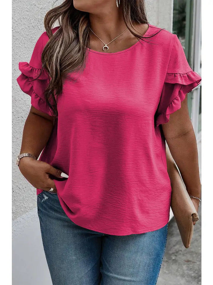 Bright Pink-Ruffle Short Sleeve Top Plus Size