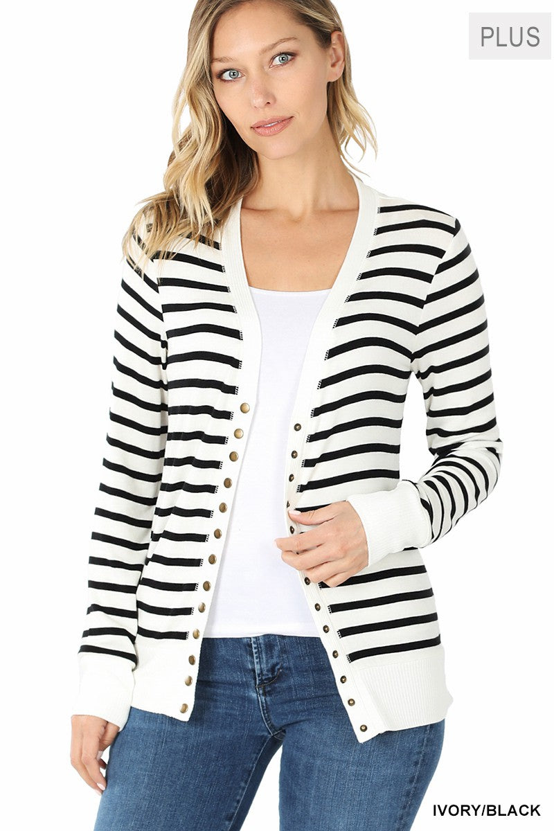 PLUS STRIPED SNAP BUTTON CARDIGAN