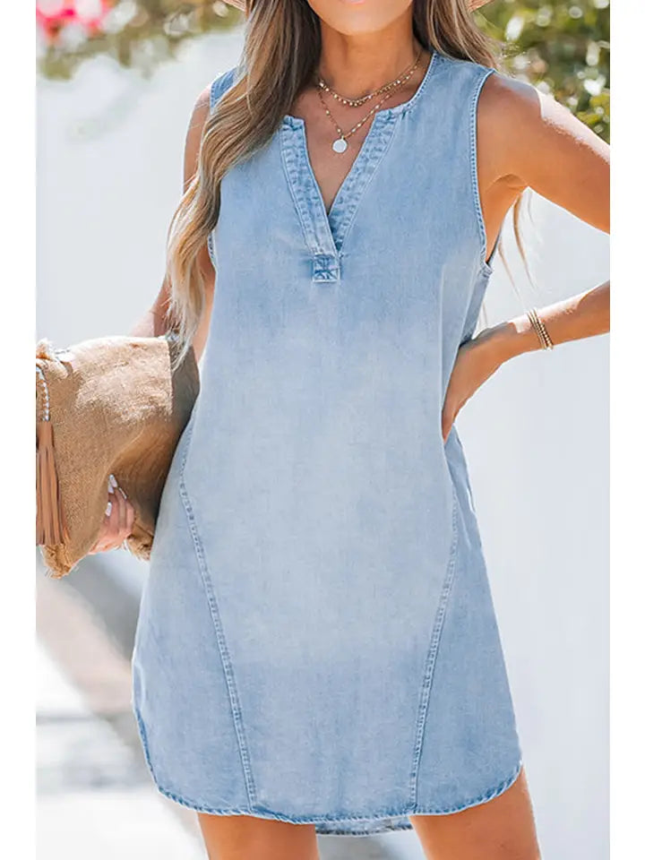 Summer Love--Chambray Light Wash Sleeveless Dress