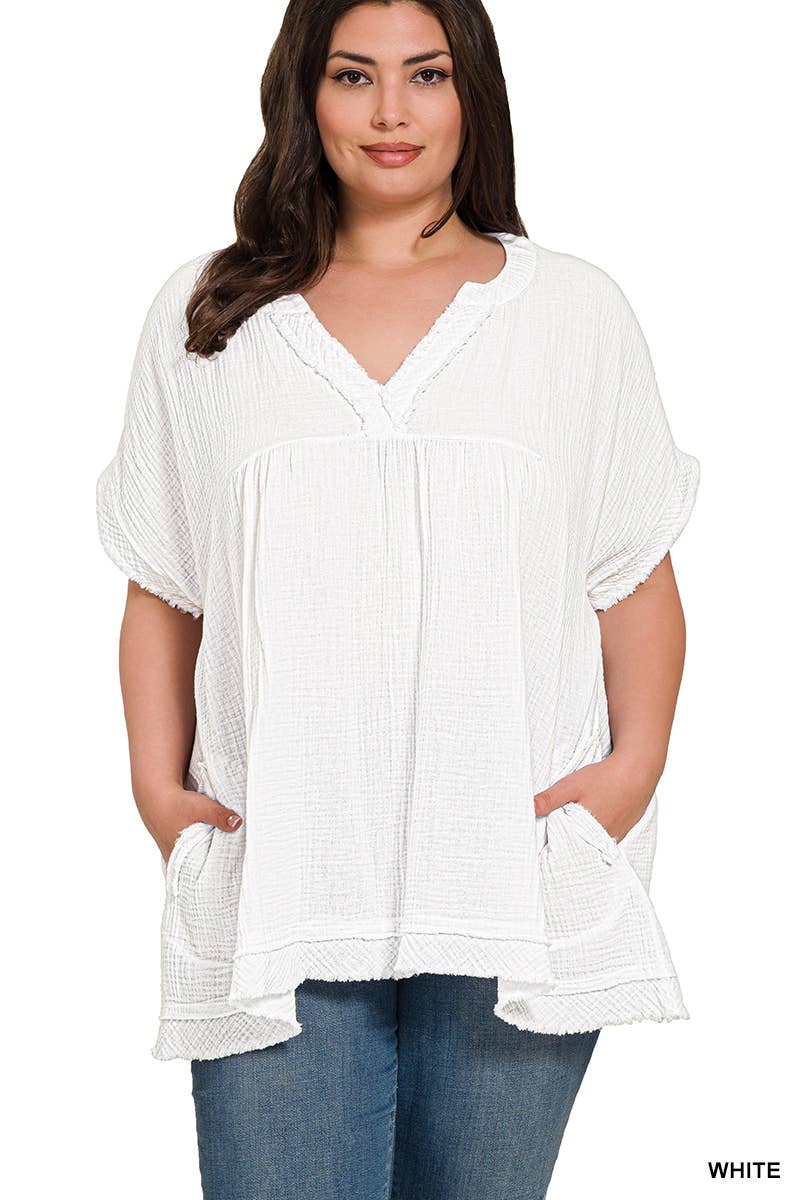 PLUS SIZE GAUZE RAW EDGE SHORT SLEEVE V-NECK SHIRT