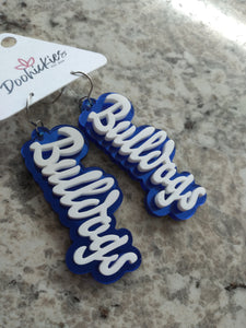 Spirit Earrings--2.75" Custom Layered Mascot Acrylics--Blue/White- "Bulldogs"