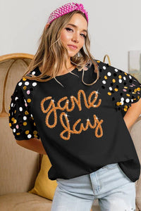 Game Day Metallic Letter Spangle Sleeve Top