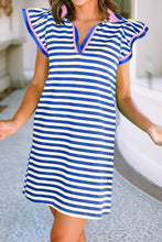 Load image into Gallery viewer, Stripe Print Contrast Collar Split Neck Short Dress
