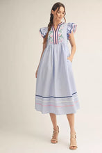 Load image into Gallery viewer, Jodifl-Layered Cap Sleeve Blue Striped Midi Dress
