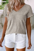 Load image into Gallery viewer, LDC Ribbed Short Sleeve V Neck Colorblock Bow Back Top
