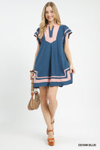 Load image into Gallery viewer, Umgee Linen Blend Contrast Trim Short Sleeve Dress--Denim Blue
