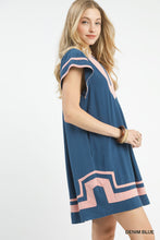 Load image into Gallery viewer, Umgee Linen Blend Contrast Trim Short Sleeve Dress--Denim Blue
