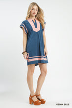 Load image into Gallery viewer, Umgee Linen Blend Contrast Trim Short Sleeve Dress--Denim Blue
