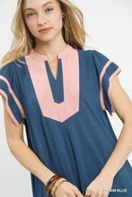 Load image into Gallery viewer, Umgee Linen Blend Contrast Trim Short Sleeve Dress--Denim Blue
