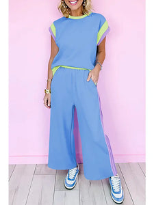 Trend Setter!--Colorblock Top and Pants Set--Sky Blue