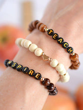 Load image into Gallery viewer, Teach Inspire WOOD bead stretch bracelet heart charm stack
