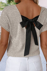 LDC Ribbed Short Sleeve V Neck Colorblock Bow Back Top