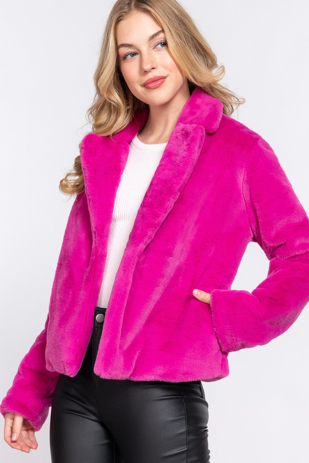 NOTCHED COLLAR OPEN FRONT FAUX FUR JAcket