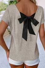 Load image into Gallery viewer, LDC Ribbed Short Sleeve V Neck Colorblock Bow Back Top
