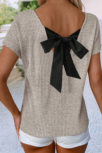 LDC Ribbed Short Sleeve V Neck Colorblock Bow Back Top