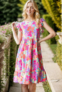 BUTTERFLY SHORT SLEEVE ROUND NECK FLORAL PRINT DRESS