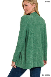 Heather Ribbed Sweater Open Front Two Pockets Cardigan