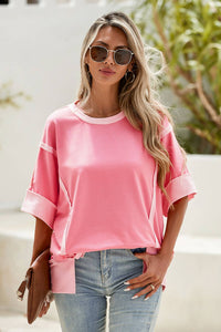 Half Sleeve Raw Seam High Low Side Split Top